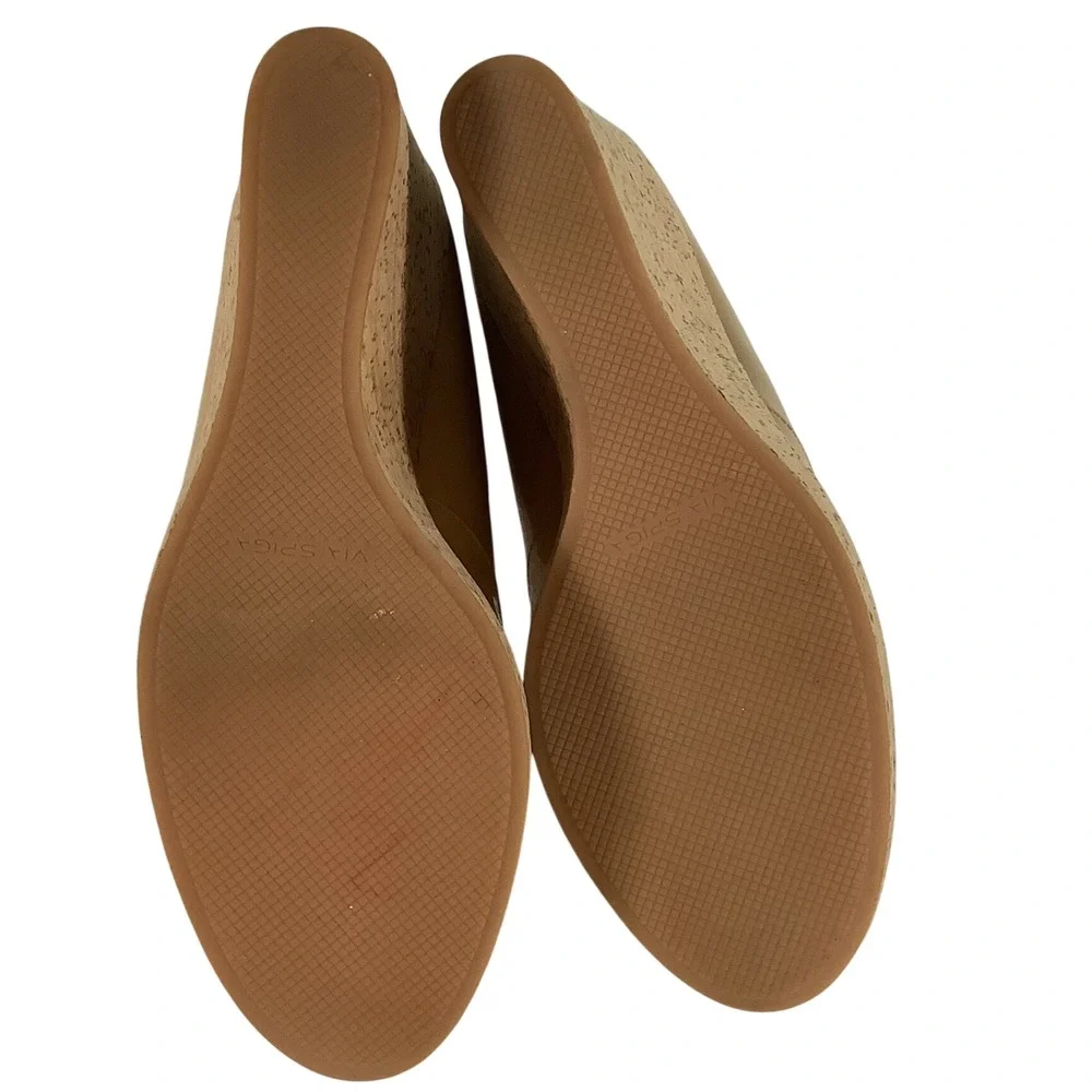 Via Spiga Tan Patent Leather Cork Wedge Peep Toe Pumps Nude Size 11M EUR 41